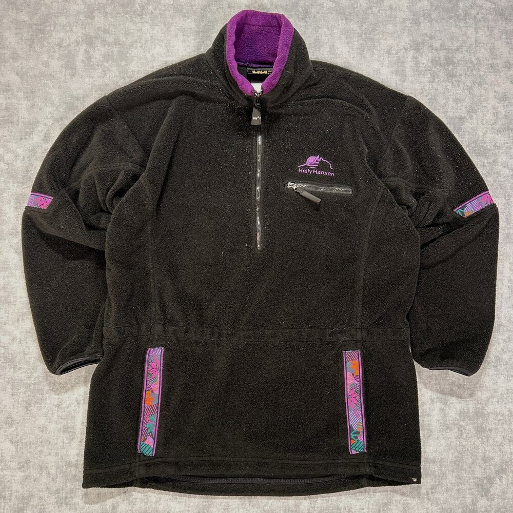 Vintage 90s Helly Hansen Fleece Jacket Half Zip Mens S Black Purple Ski USA Made